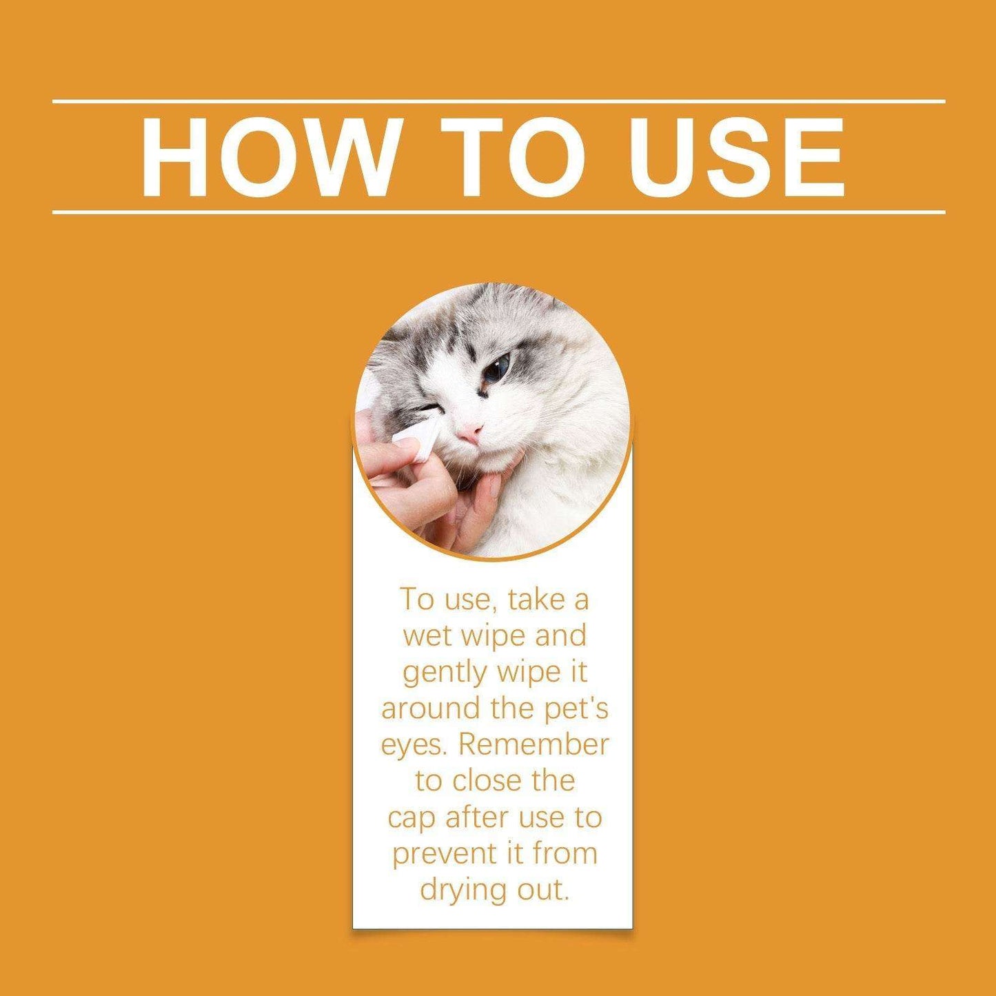 Instruction guide for using eye wipes for cats and dogs with a cat being cleaned