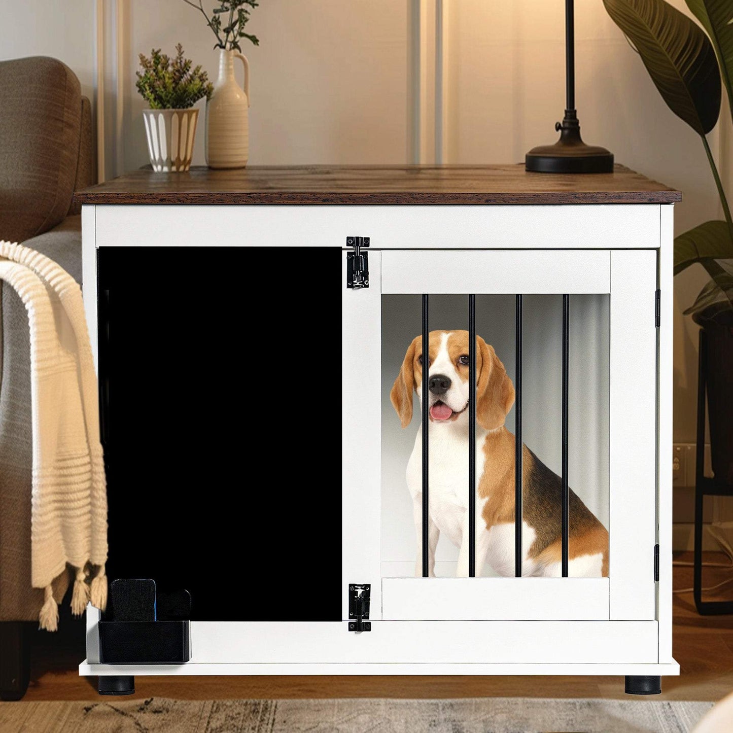 White doodle dog cage kennel with double doors and chalkboard, heavy duty wooden dog crate for small to medium dogs