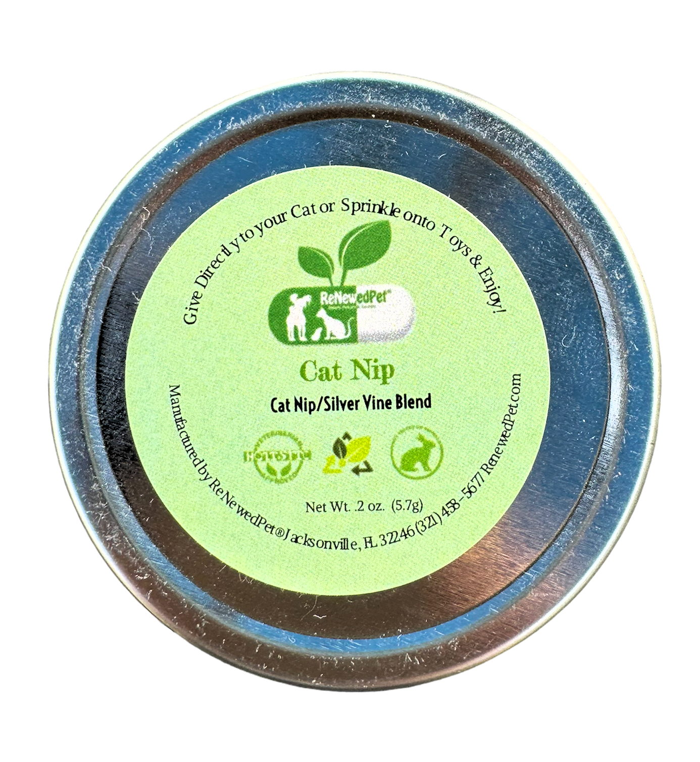 Organic Catnip and Silver Vine Blend in metal container for cats