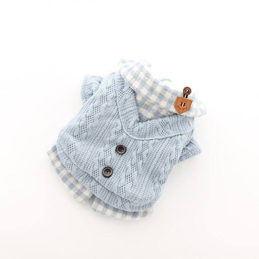 Winter acrylic dog clothes in woolen plaid design with size chart for pet clothes