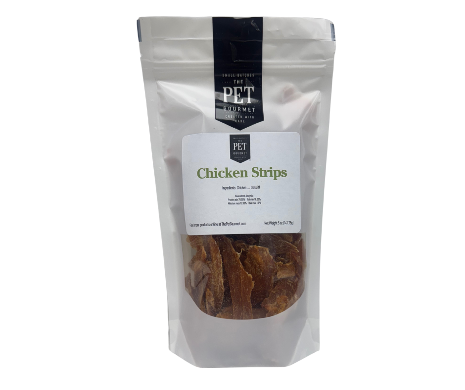 5 oz chicken strips made from dried chicken breast, high protein, crunchy texture
