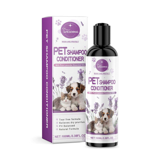 Pet lavender shampoo conditioner bottle and packaging with cat and dog images and lavender flowers design