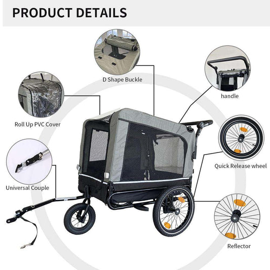 Outdoor heavy duty foldable pet stroller dog carrier bicycle trailer in black and gray steel frame with fabric filler