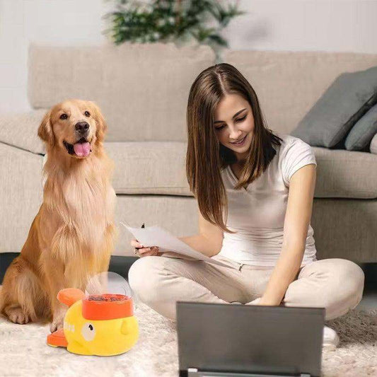 Yellow intelligent cartoon dog automatic feeder with large capacity and pet-pressing function