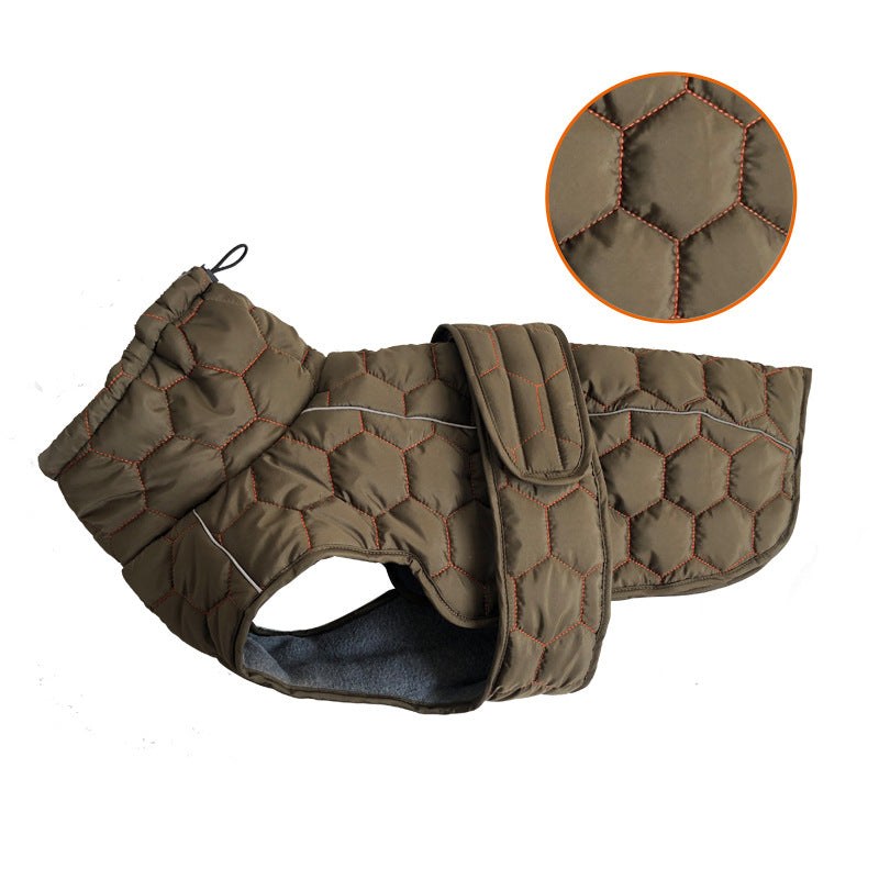 Grey and olive green sleeveless dog clothing outdoor cotton coat vest with stand collar and Velcro closure for winter warmth