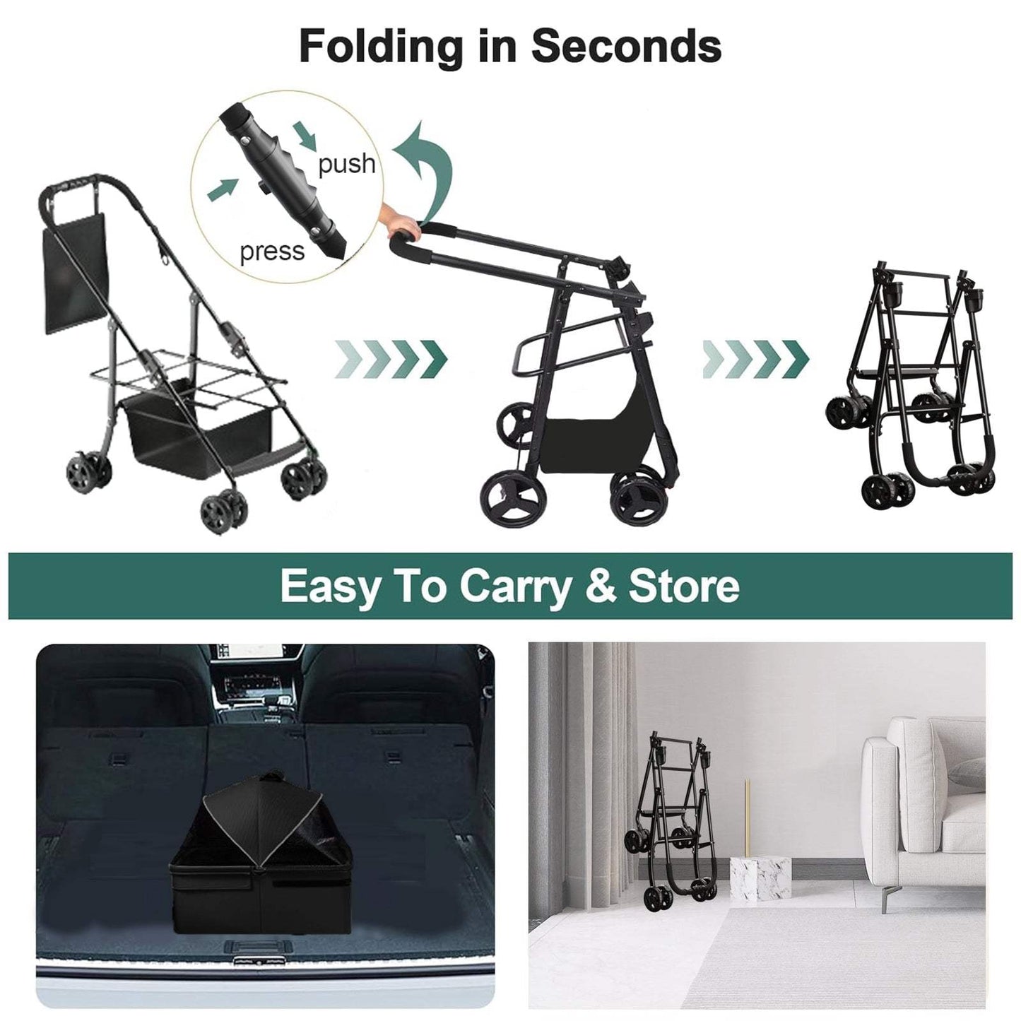 black 2-in-1 folding dog cart for small to medium pets with waterproof pad, four wheels, sun visor, and compact foldable design