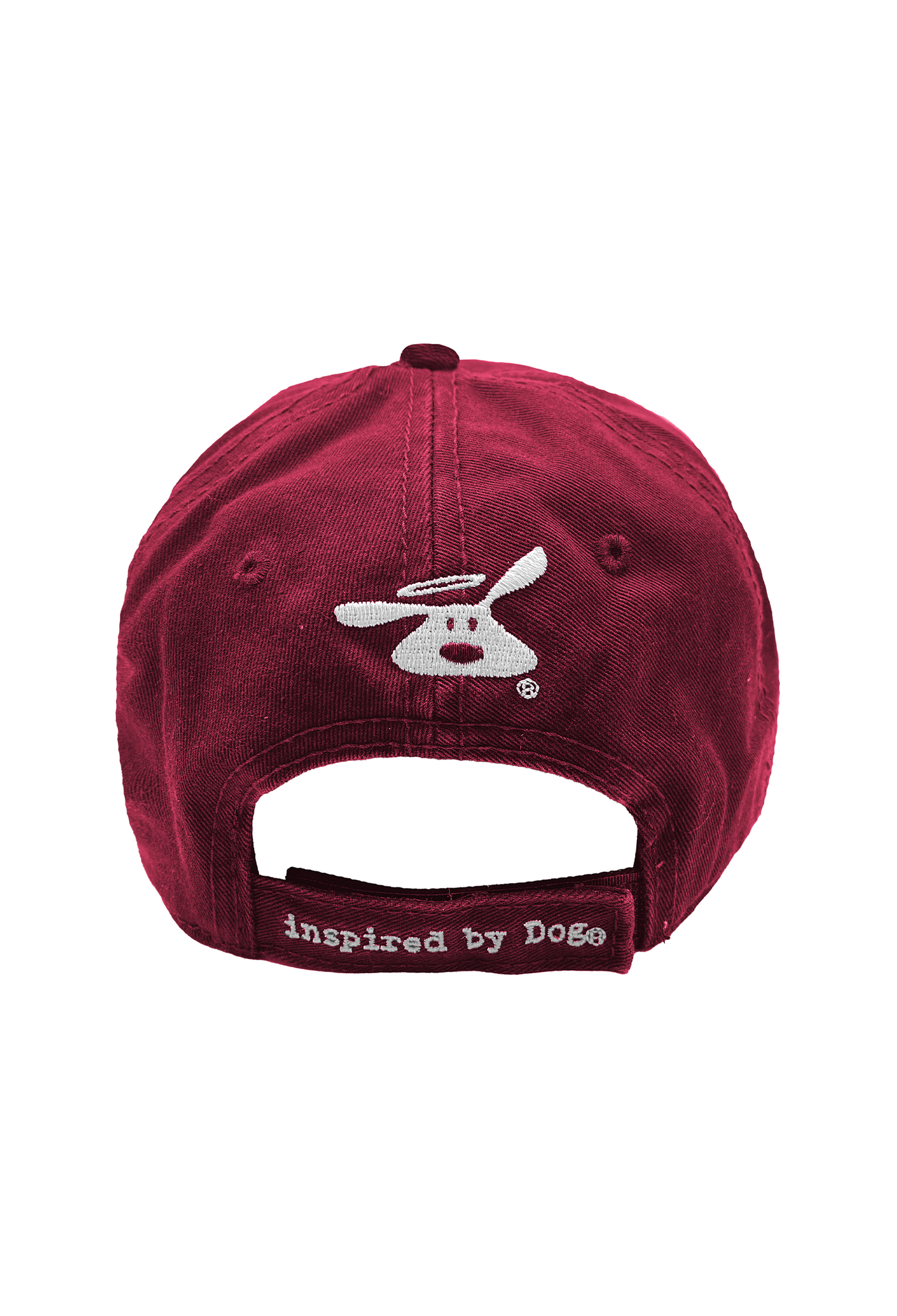Red-maroon Coffee and My Dog Hat with dog logo and velcro strap back view