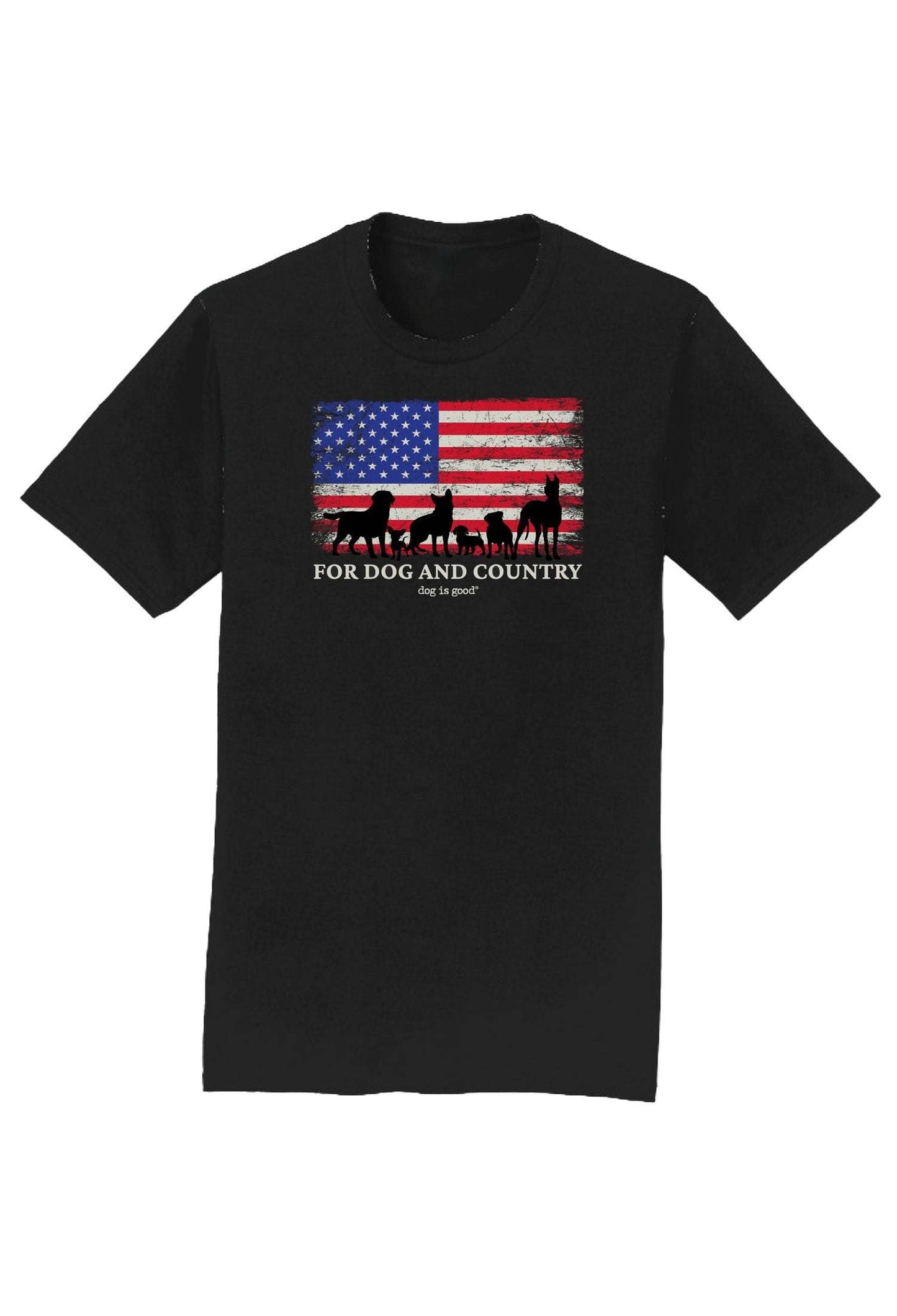 Black unisex T-shirt with American flag and dog silhouettes, patriotic design for dog lovers