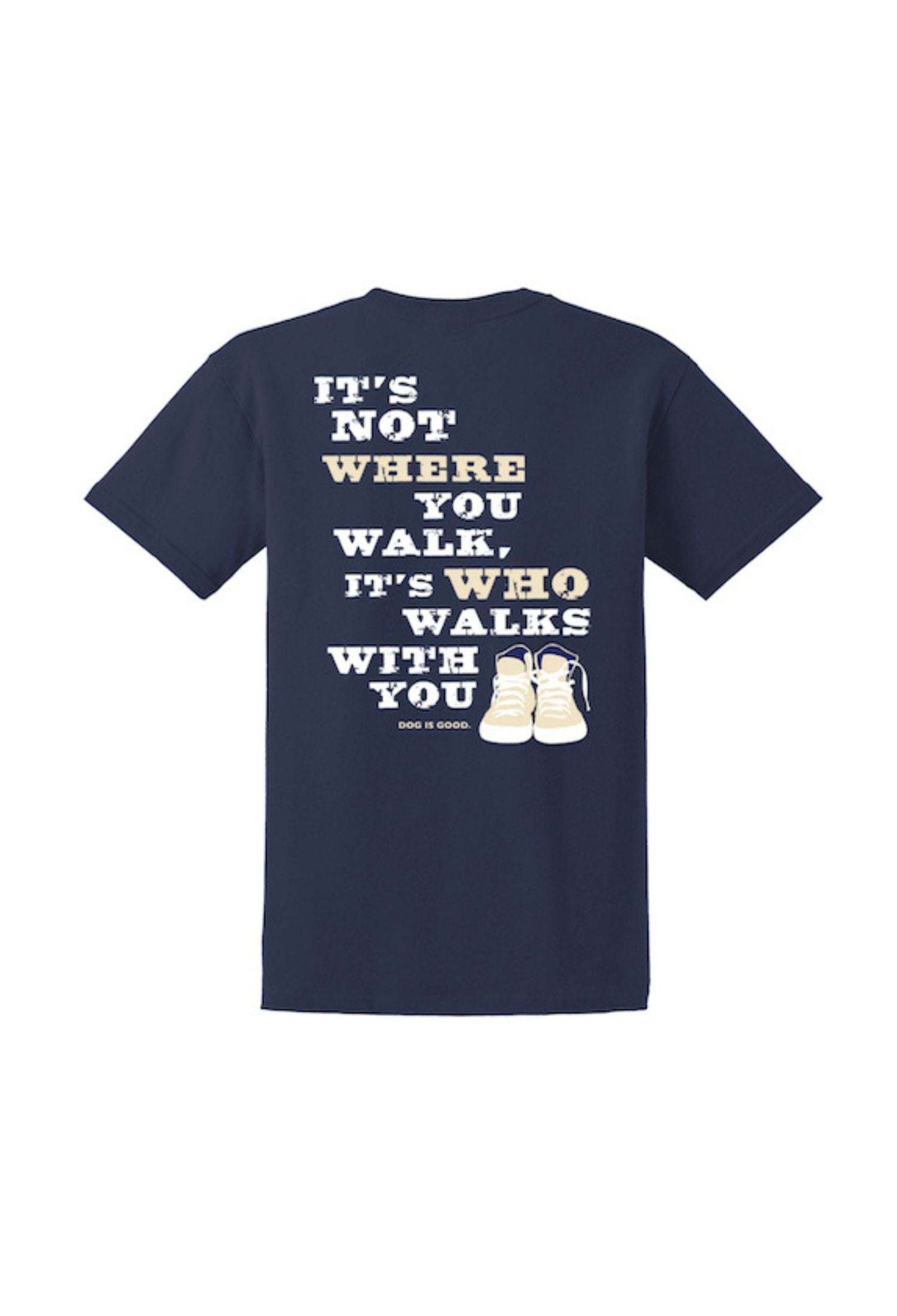 Navy blue t-shirt with "Never Walk Alone" inspirational quote and walking shoes graphic on back