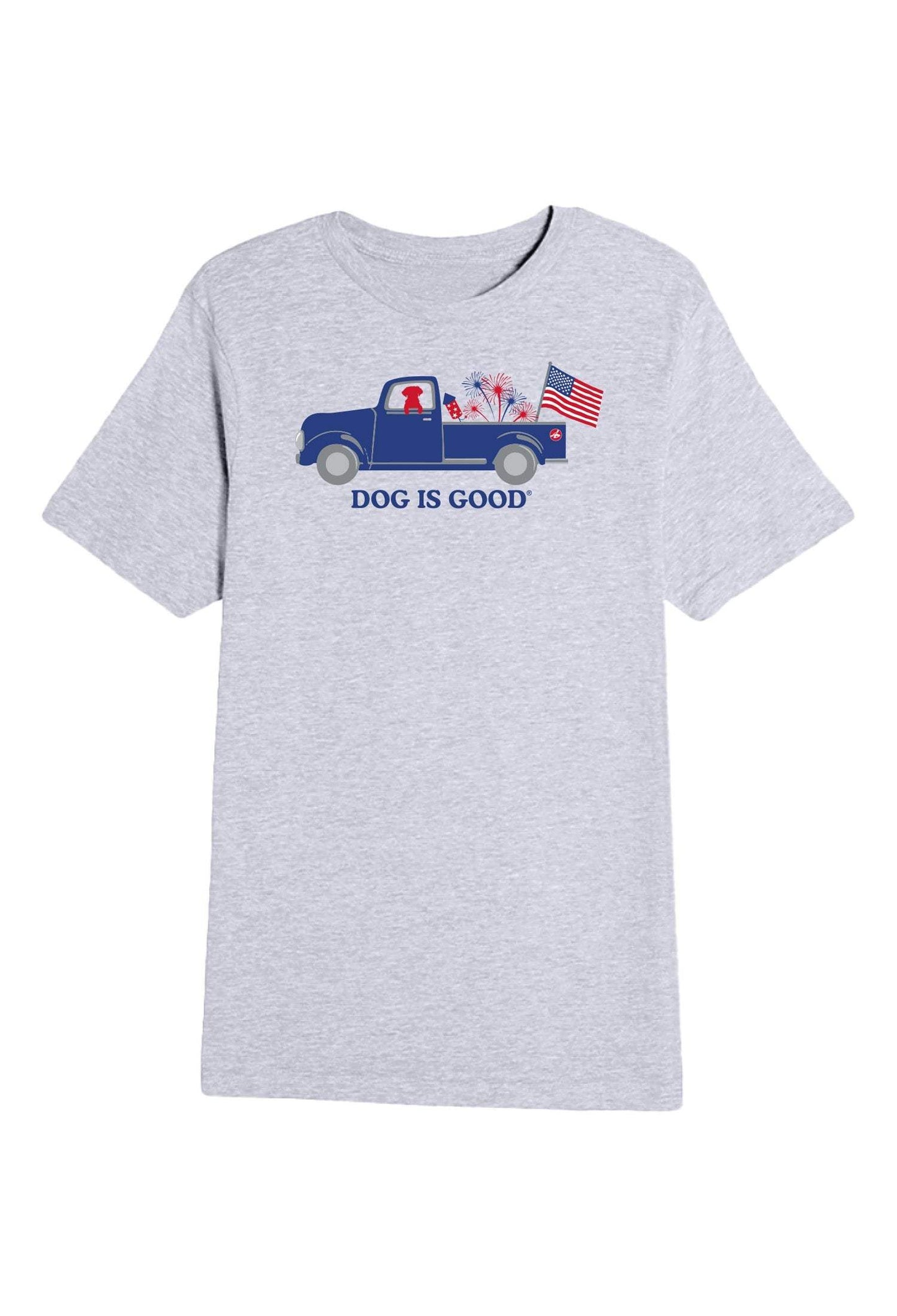 Heather gray Dog is Good Patriotic Truck T-shirt with vintage blue pickup, American flag, fireworks, and dog riding shotgun, unisex fit