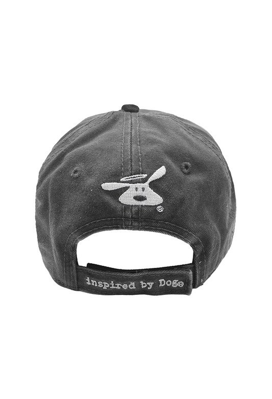 black "Real Men Love Dogs" hat with dog logo and adjustable strap reading inspired by Dogs