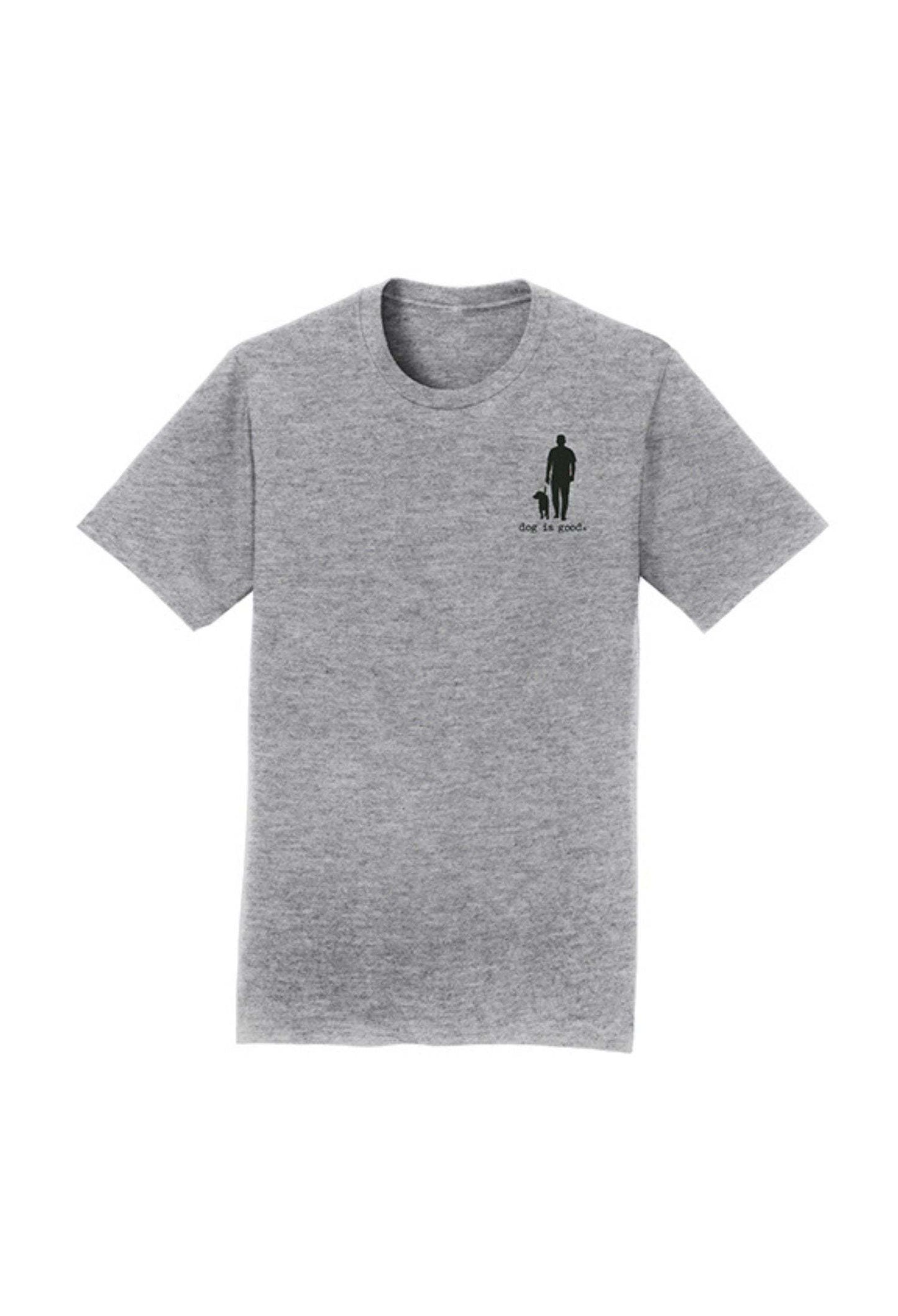 Gray T-shirt with Real Men Love Dogs text and man with dog silhouette design