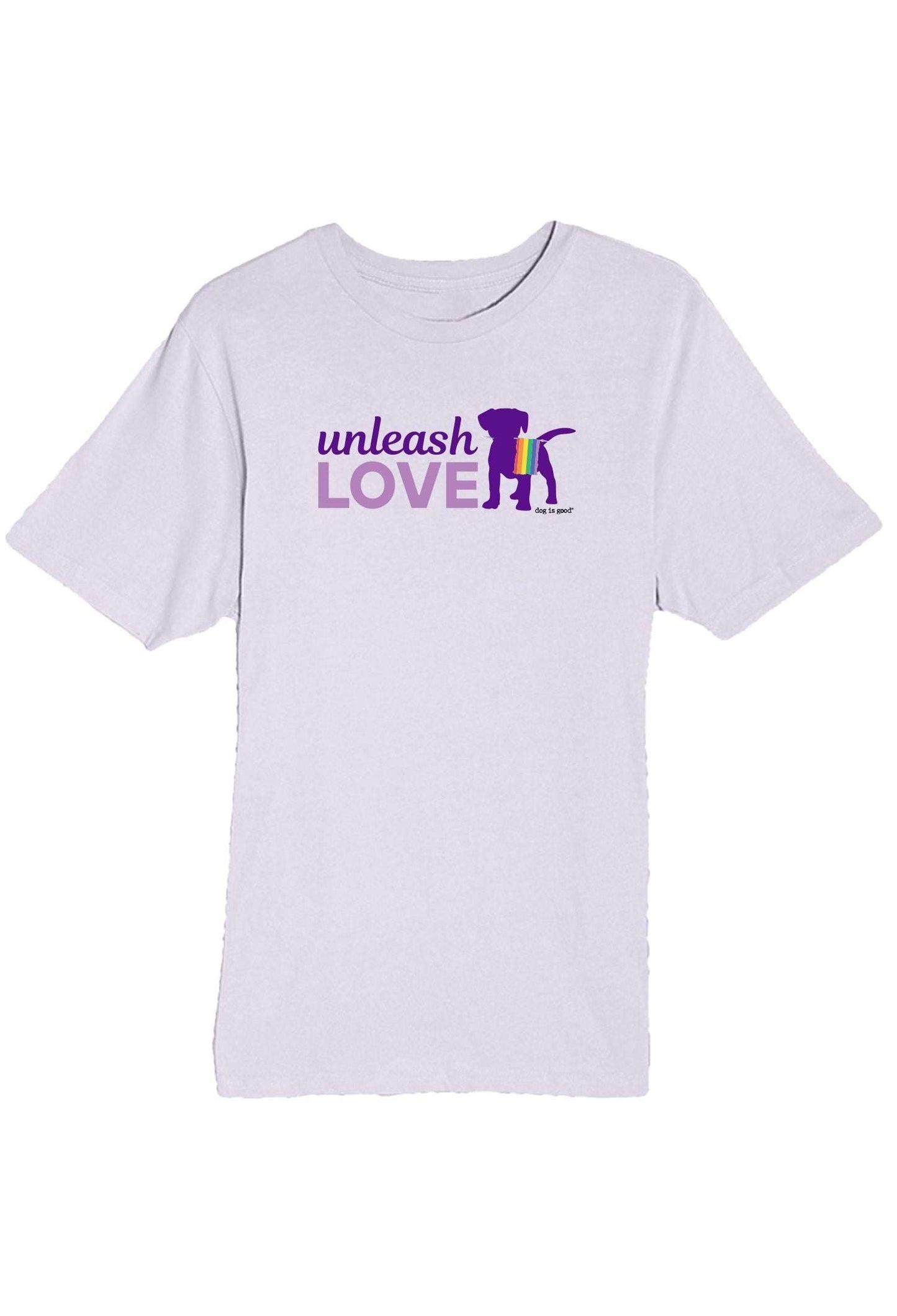 Unleash Love T-shirt unisex lilac with dog graphic and text design
