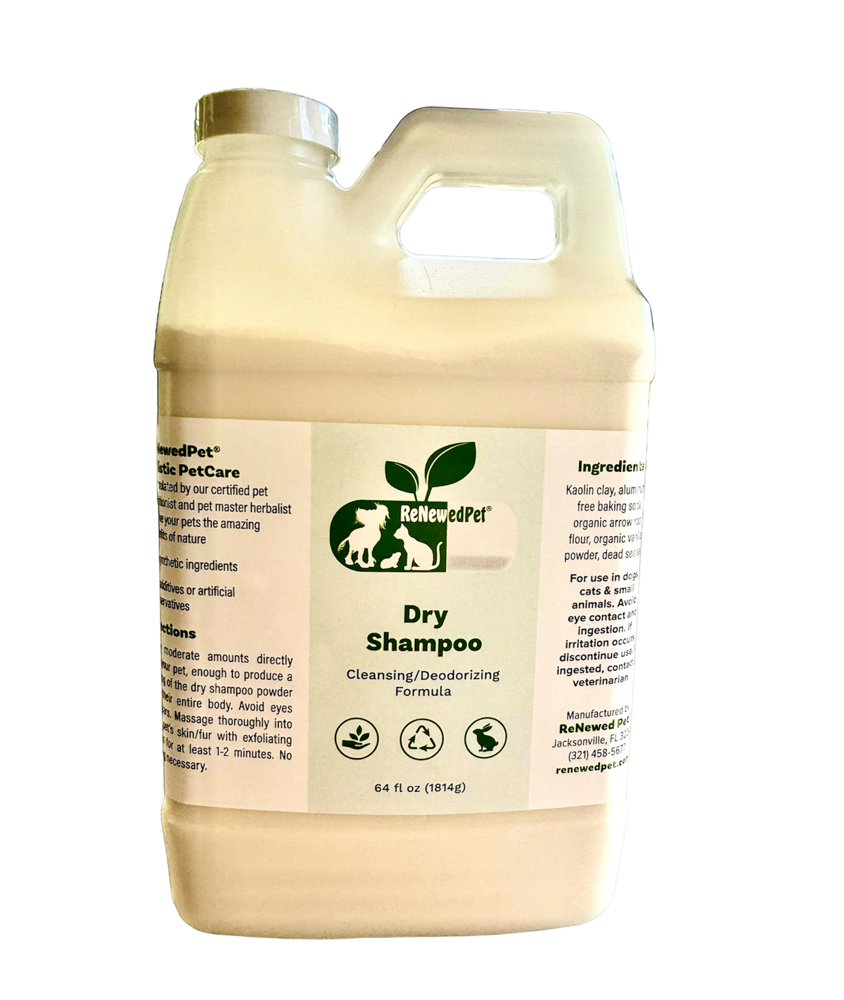 Natural organic dry shampoo for pets in large container with cleansing and deodorizing formula