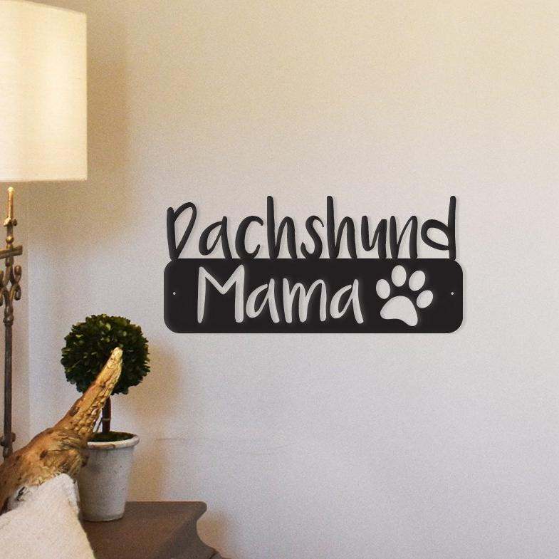 Metal wall art of Dachshund Mama made from durable steel, powder coated and suitable for indoor or outdoor decor.