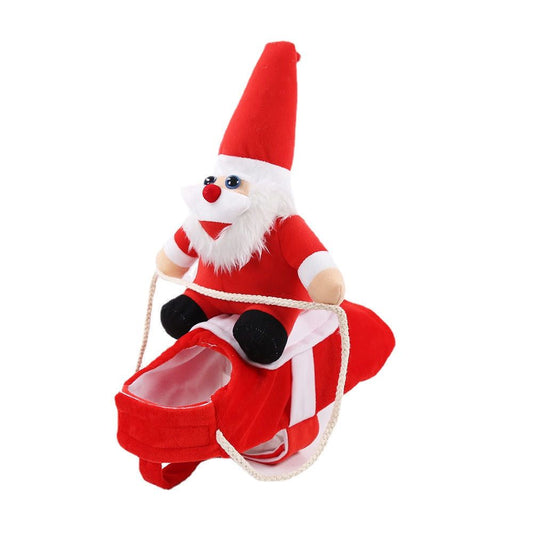 Large and medium dog Christmas costumes designed as Santa Claus outfits made from cloth