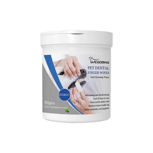 Container of 50 pet dental finger wipes cleaning dog and cat teeth for fresh breath and tartar removal