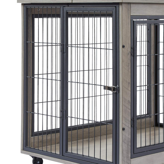 Grey furniture style dog crate side table on wheels with double doors and lift top