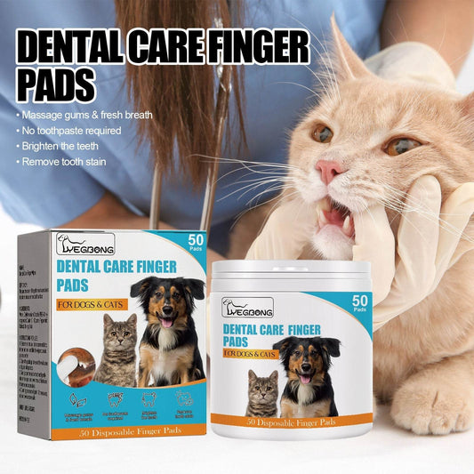 Dog Cat Tooth Cleaning Finger Set with disposable dental care pads for pets, featuring dog and cat images on packaging and a person cleaning a cat's teeth.