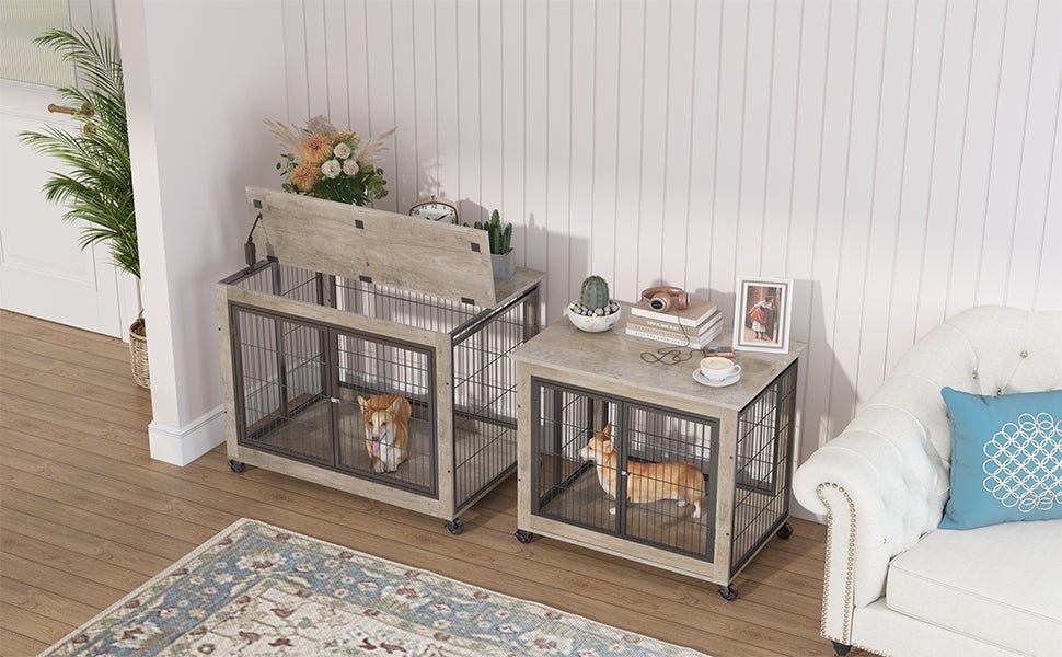 Grey furniture style dog crate side table with wheels, double doors, and lift top, dimensions 38.58"w x 25.5"d x 27.36"h