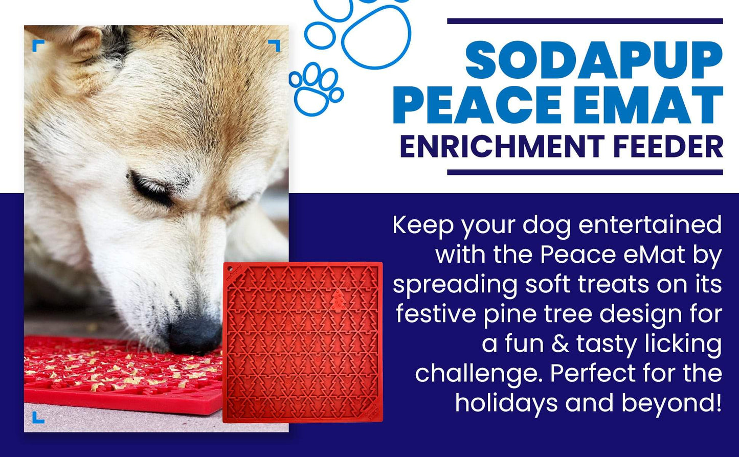 Dog licking red Peace Tree emat with textured pine tree design enrichment feeder by SodaPup for calming and mental stimulation