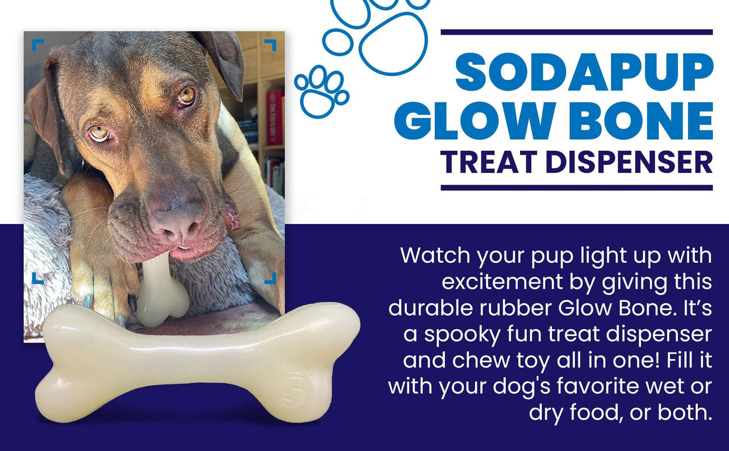 Durable glow-in-the-dark rubber bone dog toy by SodaPup, chew and treat dispenser for large dogs