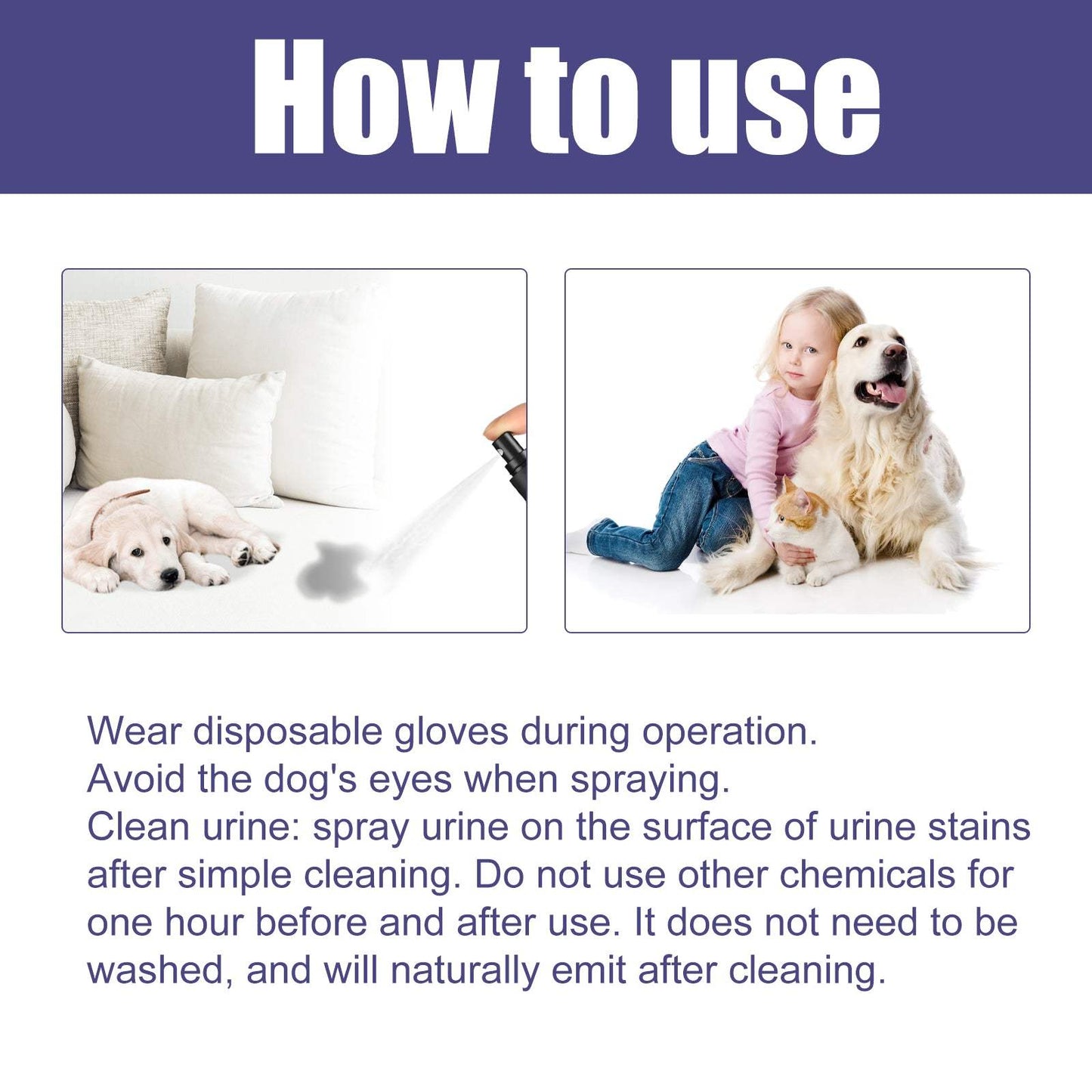 Pet deodorant spray bottle with natural extracts to remove dog and cat odors and urine smell