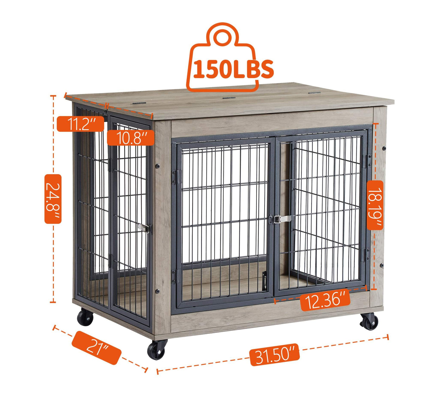 Grey furniture dog cage crate with double doors and rolling casters, 31.5" W x 22.05" D x 24.8" H, made of particle board and steel