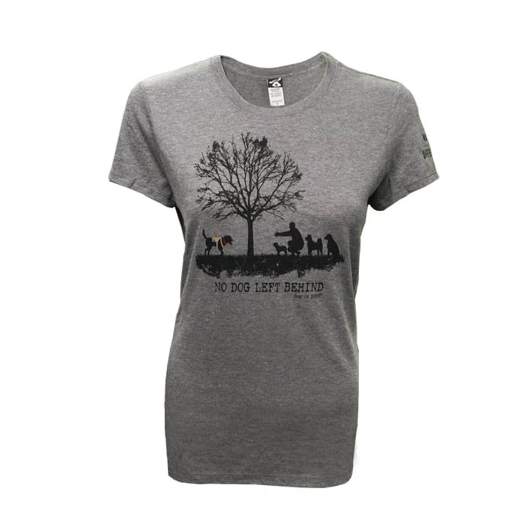 Gray No Dog Left Behind t-shirt with dog rescue and therapy dog tribute design