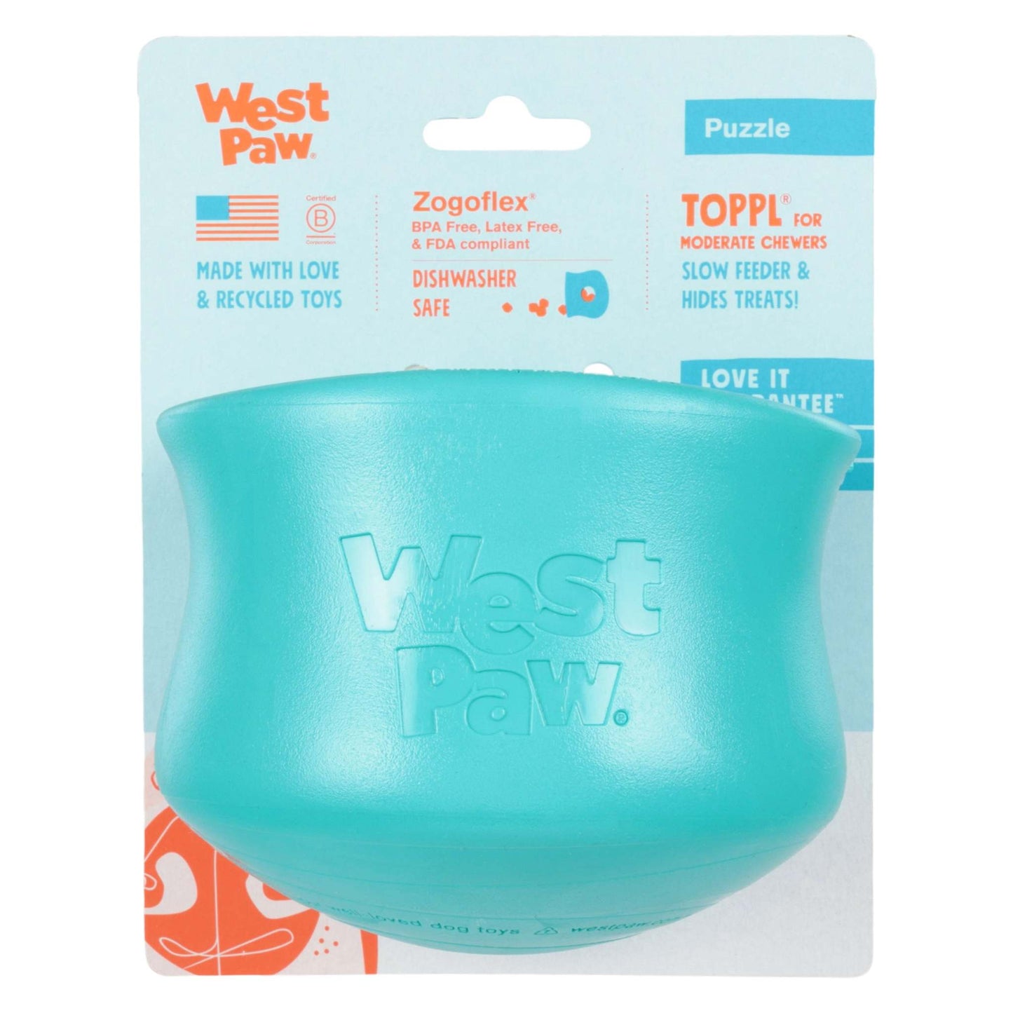 Toppl Teal dog puzzle treat toy for moderate chewers with treat-holding cavity