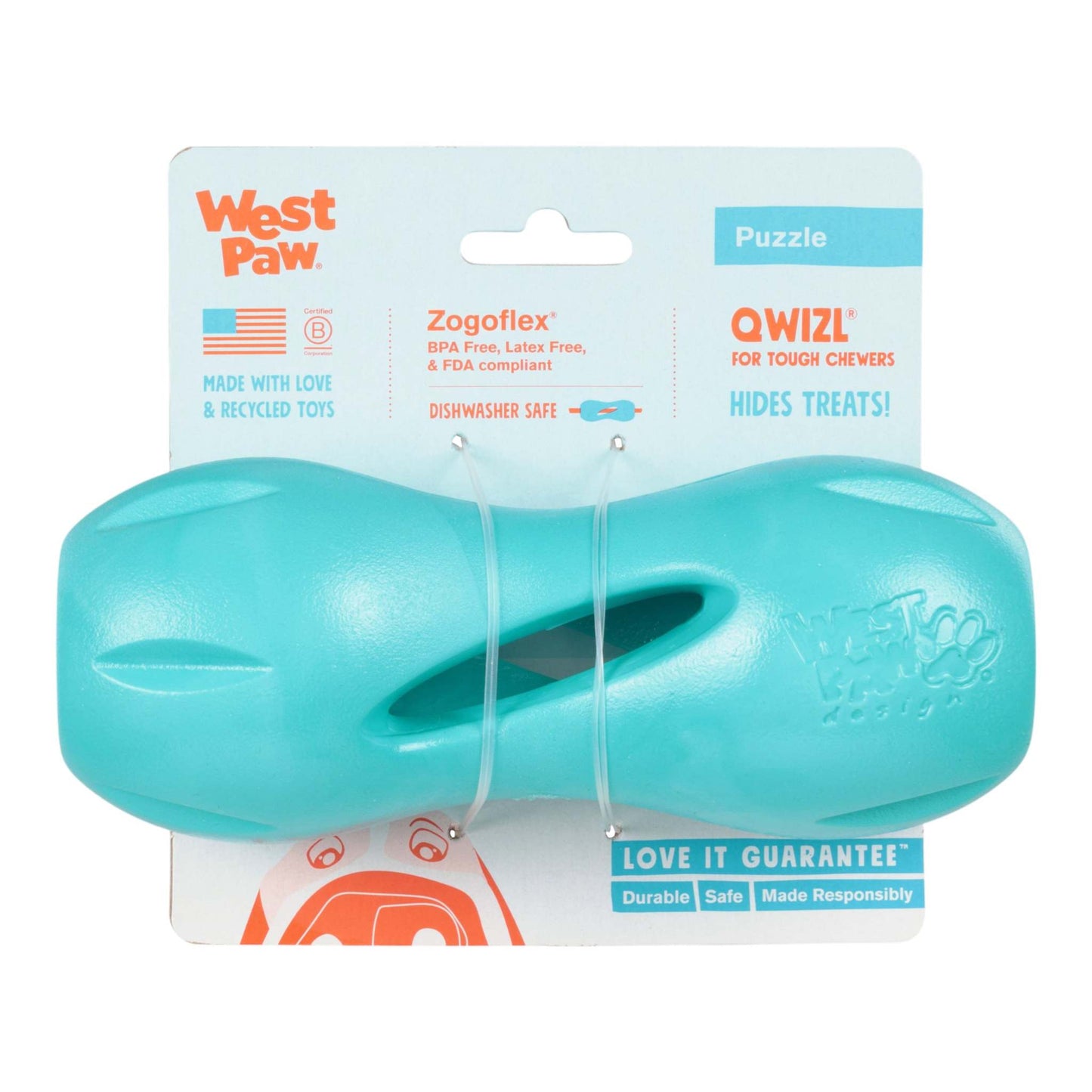 Qwizl Teal durable dog treat toy with flexible ridges for tough chewers