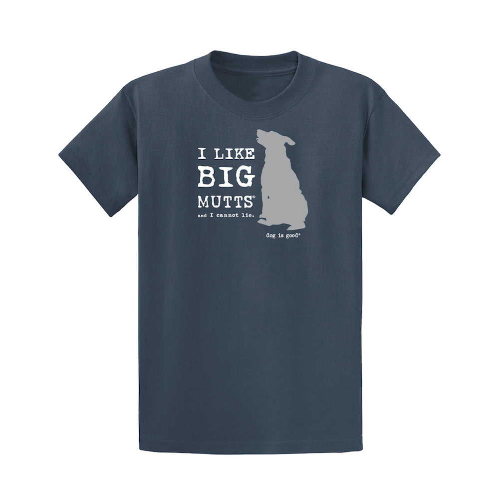 Steel blue unisex t-shirt with I Like Big Mutts slogan and floppy ears design