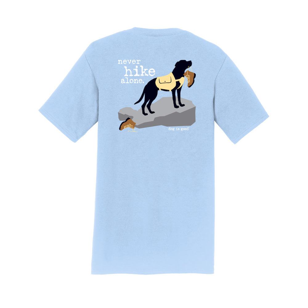 Light blue Never Hike Alone T-shirt with back print, unisex, 50% cotton 50% polyester blend