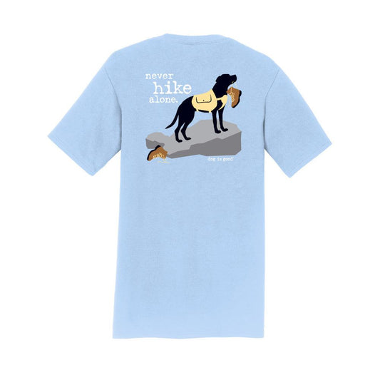 Light blue Never Hike Alone T-shirt with back print, unisex, 50% cotton 50% polyester blend