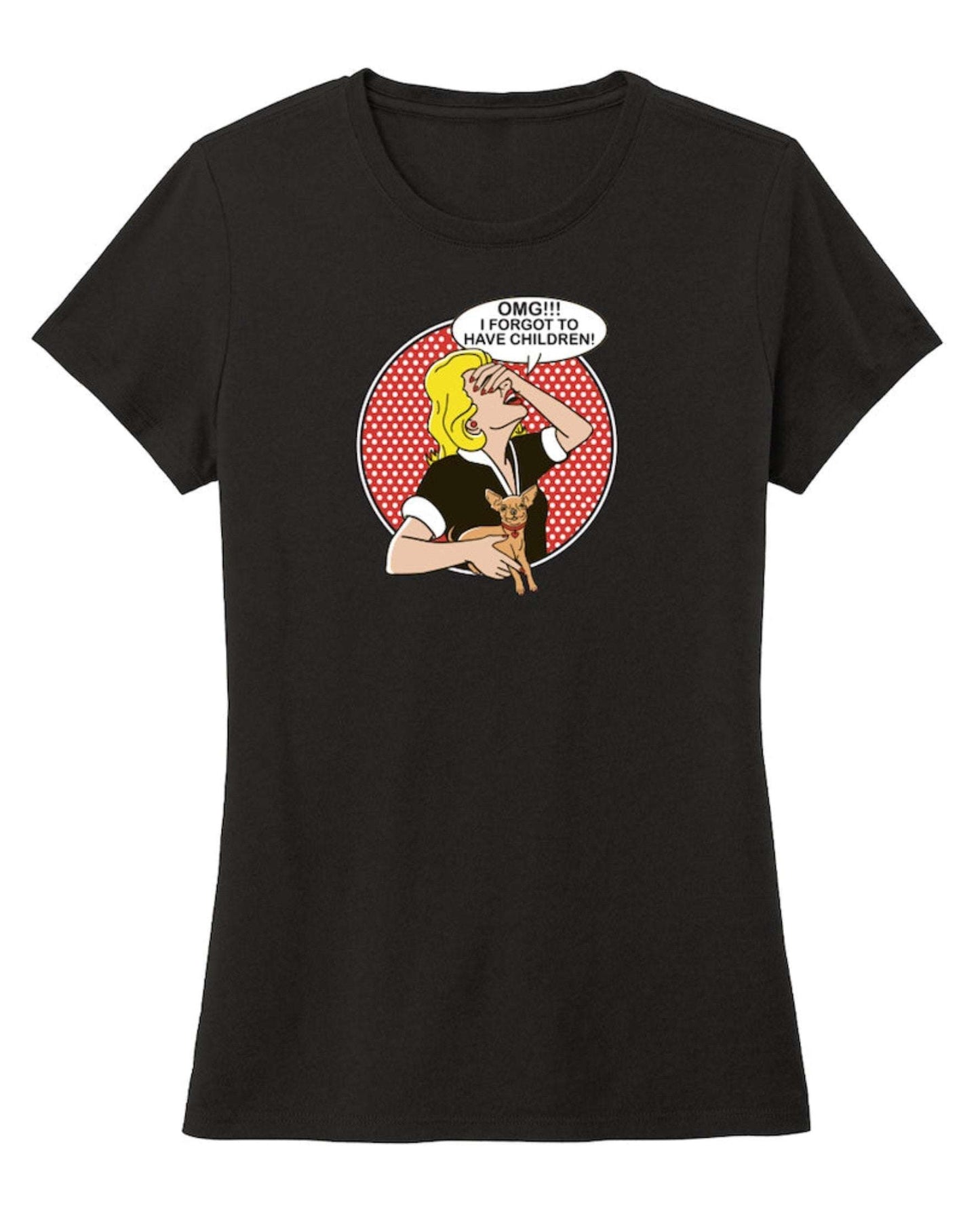 Black women's tri-blend t-shirt with retro pop art design and text OMG I Forgot to Have Children