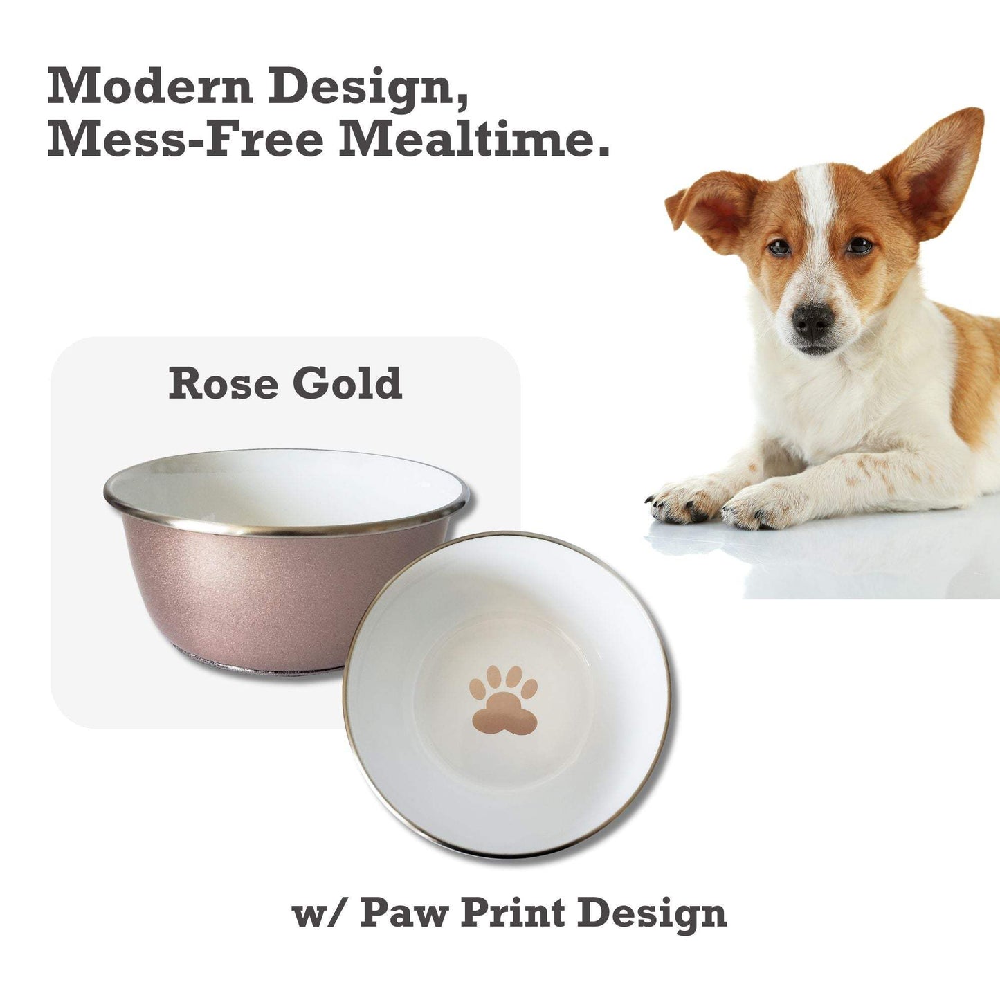 Rose gold deep dog bowl with paw print design, stainless steel, non-slip base, available in multiple sizes