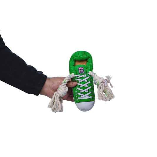 Green Squeaky Comfort Plush Sneaker Dog Toy with built-in squeaker, noise paper, rope tug, and hidden treat compartment for safe, durable dog play