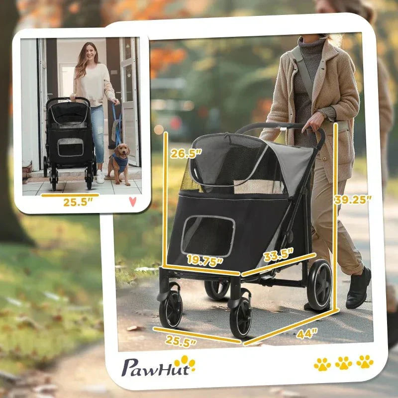 Red foldable dog stroller for large and medium dogs with storage pockets and mesh windows