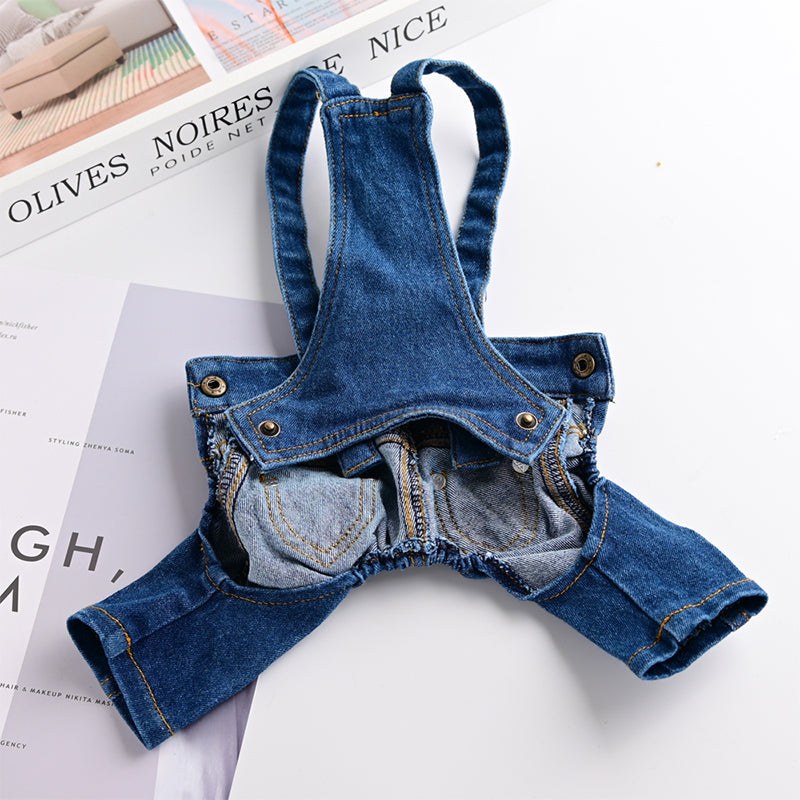 Denim jumpsuit for small dogs with adjustable straps and soft fabric