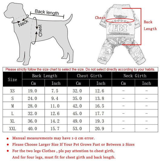 FBI camouflage dog coat with jumpsuit pants, thick cotton polyester, button design, warm and comfortable pet clothing