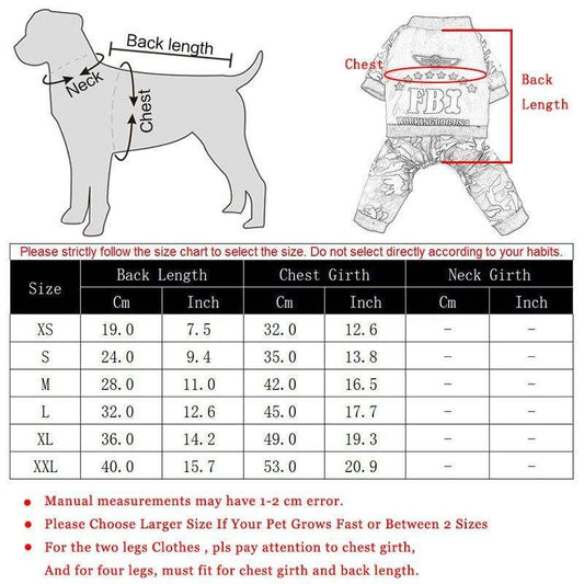 FBI camouflage dog coat with jumpsuit pants, thick cotton polyester, button design, warm and comfortable pet clothing