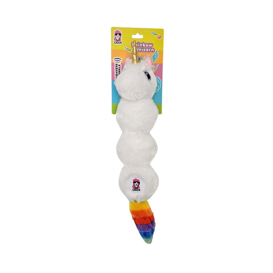 Colorful unicorn plush dog toy with squeakers and crinkle paper