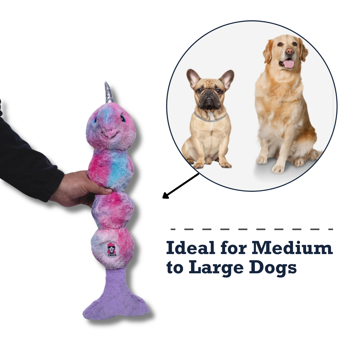 Tie Dye Skinny Narwhal plush dog toy with squeaker and crinkle paper for interactive play