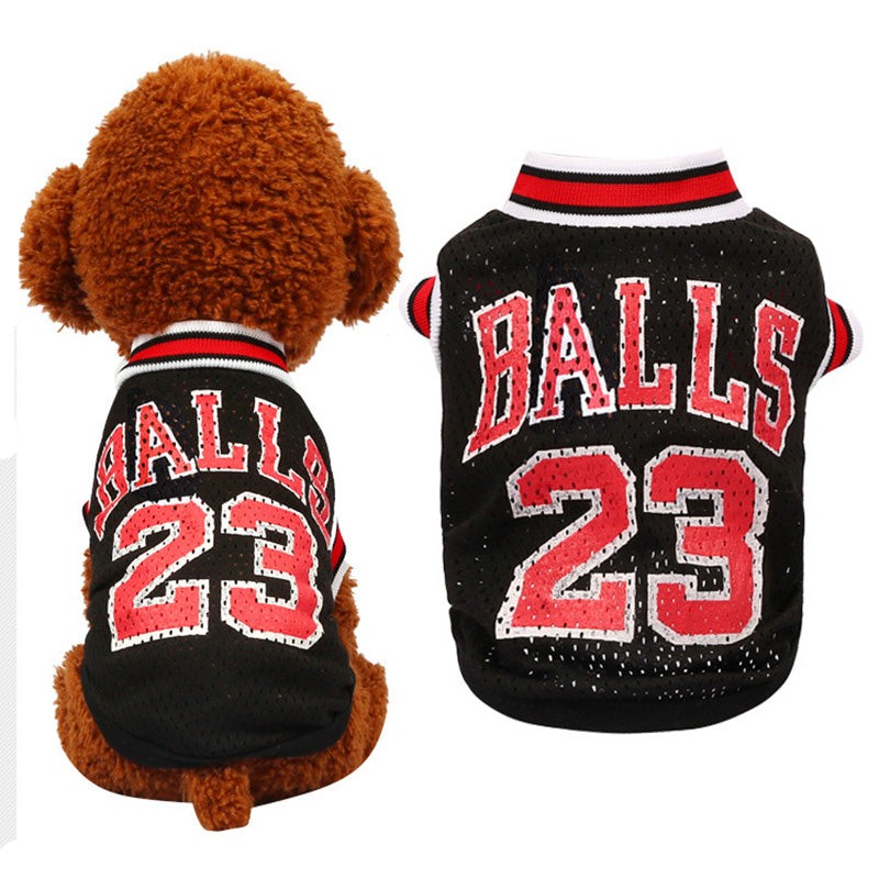 Small brown dog wearing a breathable mesh basketball uniform jersey for pets