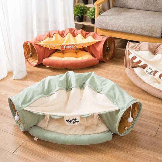 Collapsible removable cat tunnel with soft cotton bed and scratching ball, indoor interactive pet toy