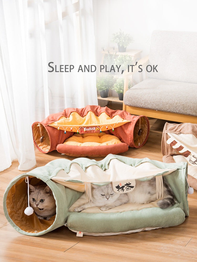 Collapsible removable cat tunnel with soft washable bed and interactive scratching ball toy