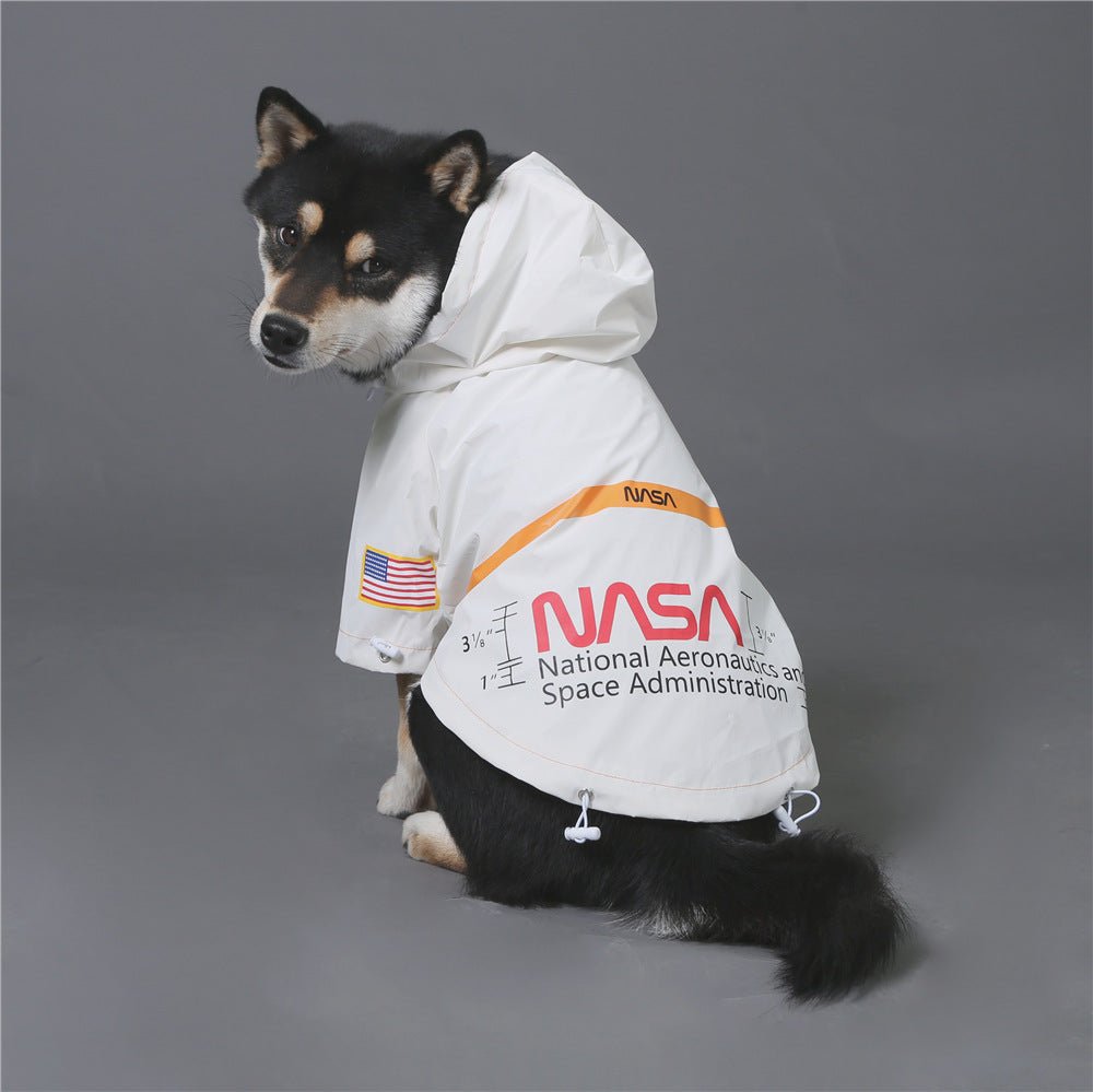 Dog wearing reflective, windproof, waterproof dog face jacket with hood and leash hole