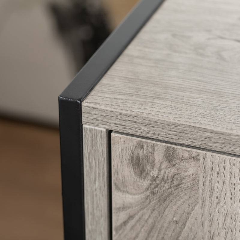 Close-up of wooden Hidden Cat Litter Box Enclosure corner with steel frame in light wood finish