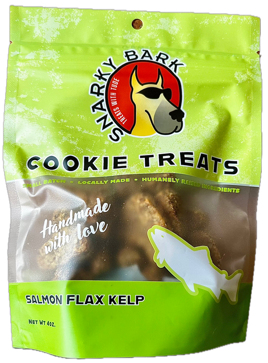Snarky Bark Salmon Flax Kelp Cookie Treats for dogs in resealable green bag