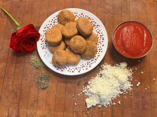 Handmade organic Pizza Paws dog treats with tomato sauce and parmesan cheese in resealable bag